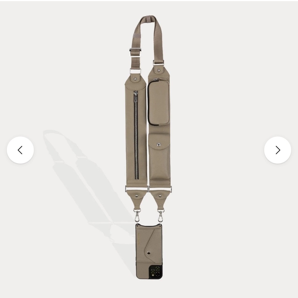 Bandolier utility crossbody with iPhone 13 Pro Max case greige/ silver